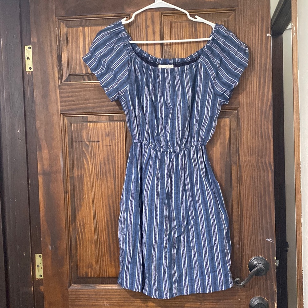 Blue Jean strip dress; off the shoulder and above the knee